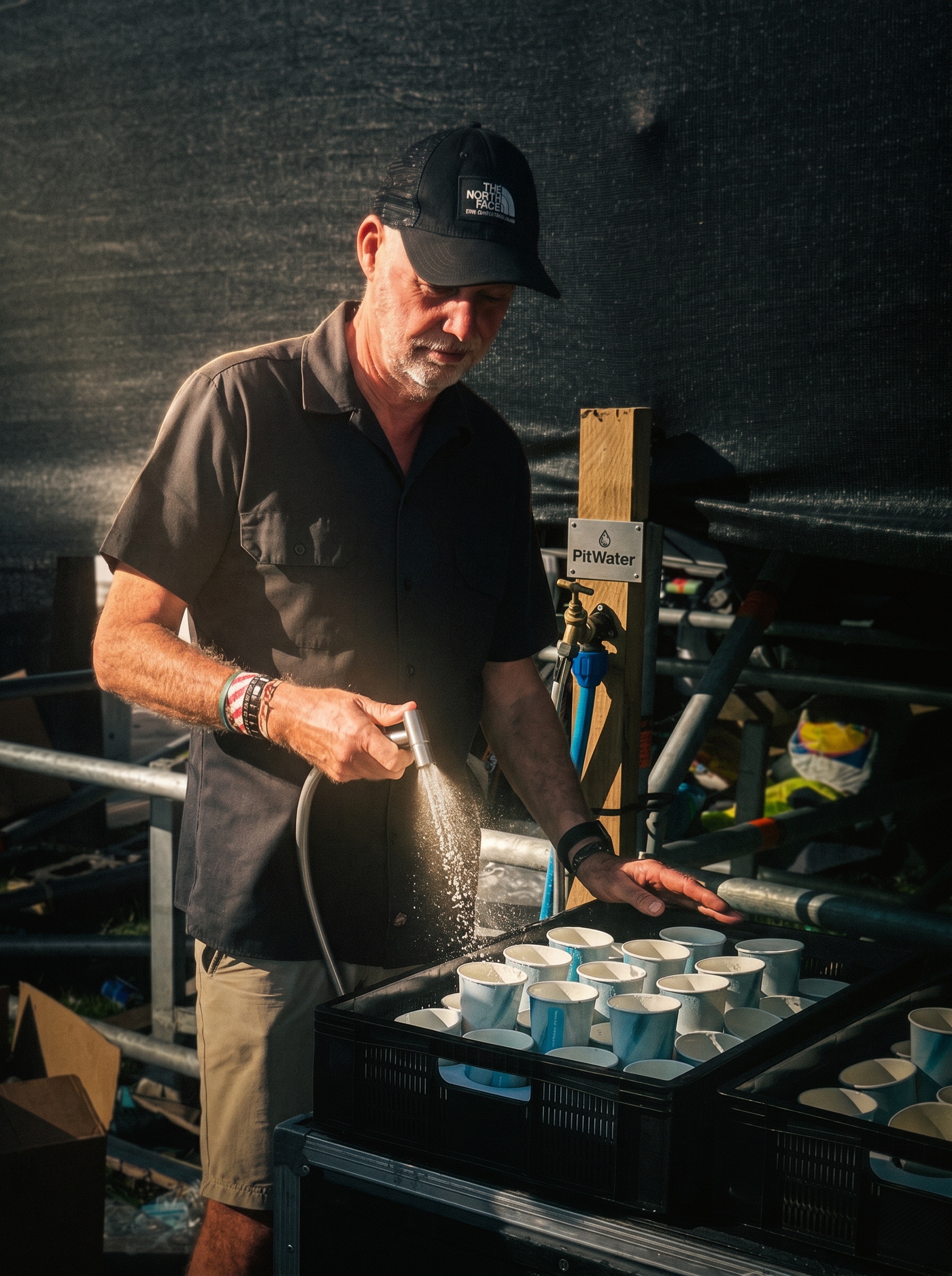 PitWater founder Gary Lathan on site, rinsing cups at a Hydration Station
